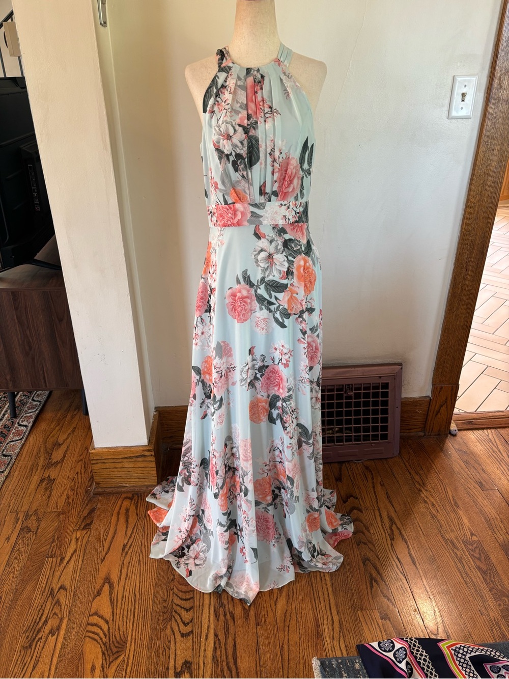 Eliza J Floral Halter Gown Maxi Dress Tie Neck Boho Preppy Wedding Blue Size 6 - Picture 2 of 6